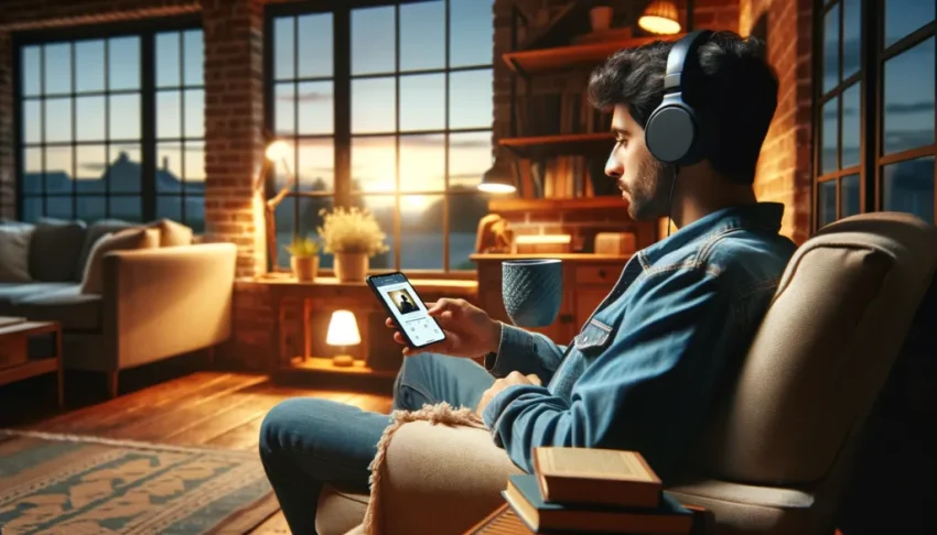 Seseorang sedang bersantai sambil memilih audiobook di smartphone.