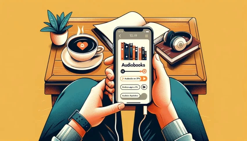 Ilustrasi seseorang sedang mendengarkan audiobook di smartphone.