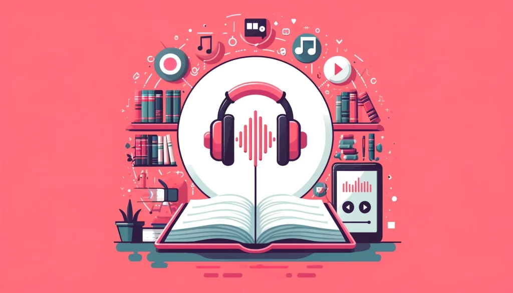 Ilustrasi sebuah buku dengan headphone yang terhubung.